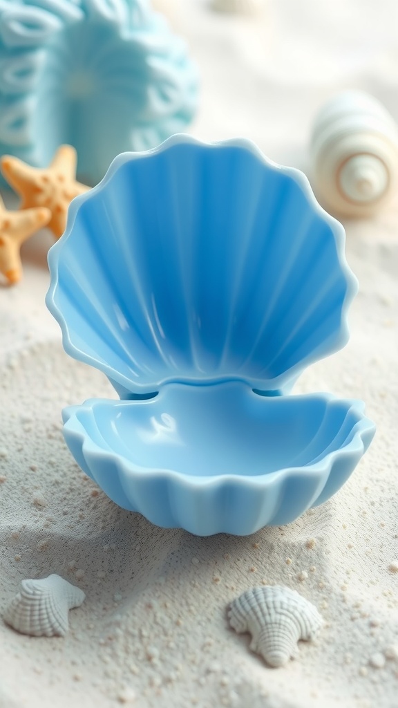 A beautifully designed 3D printed clam shell model displayed on a sandy surface with seashells.